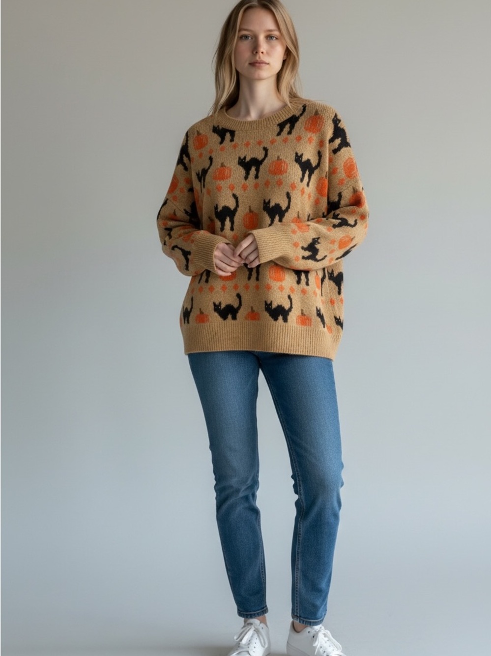 Vince Camuto XL Sweater Halloween Cozy Tan Pumpkin & Cat Knit Sweater - Women's